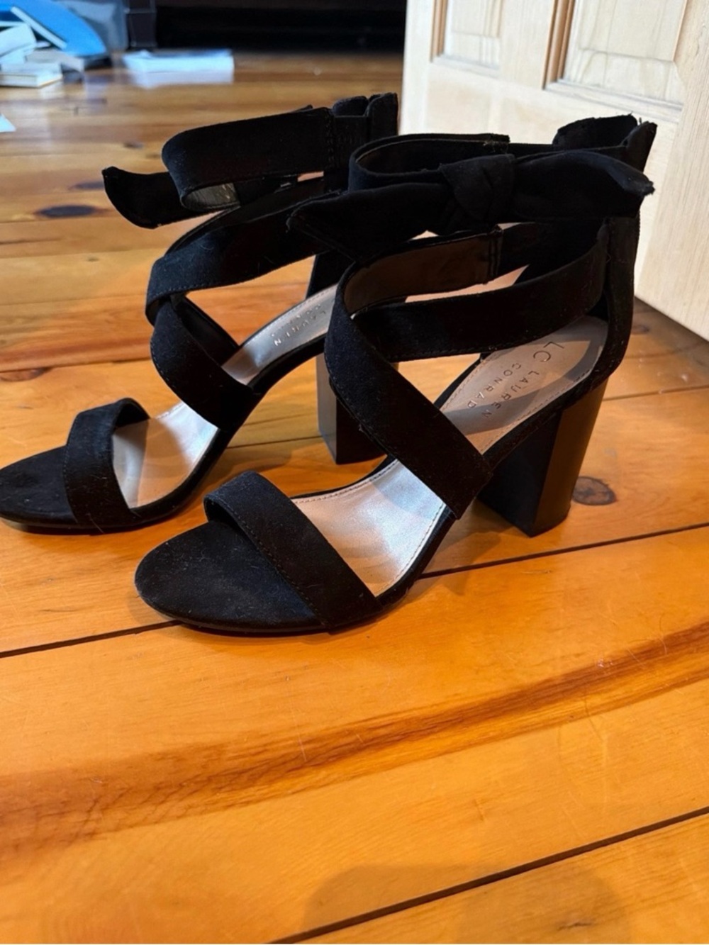LC Lauren Conrad Black Strappy Block Heel Sandals with Ankle Bow